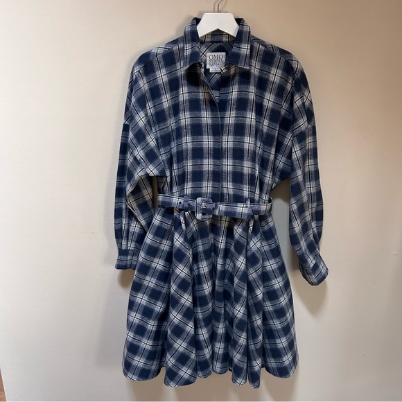 OMO Norma Kamali ~Blue Plaid Cotton Flannel Vintage 80s Belted Shirtdress size 8 - Picture 16 of 16